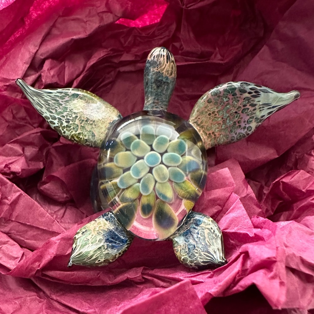 Turtle Artisan Hand Blown Made Glass Accent Piece on a glass base